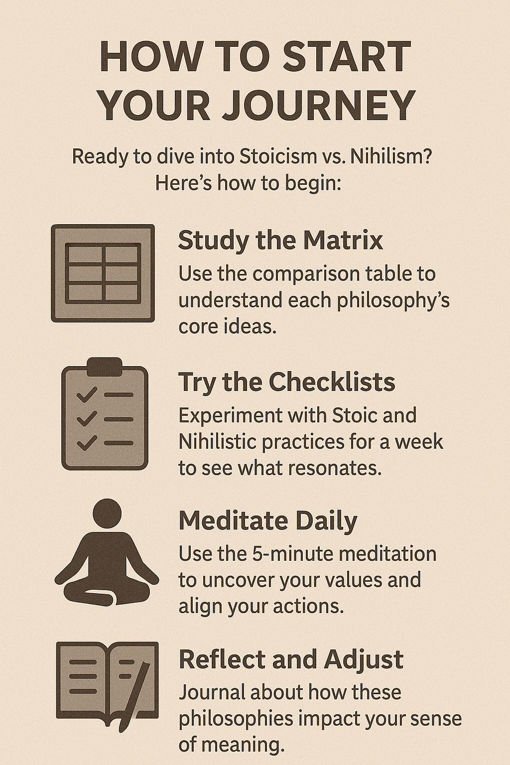 How to Start Your Journey Ready to dive into Stoicism vs. Nihilism? Here’s how to begin: Study the Matrix: Use the comparison table to understand each philosophy’s core ideas. Try the Checklists: Experiment with Stoic and Nihilistic practices for a week to see what resonates. Meditate Daily: Use the 5-minute meditation to uncover your values and align your actions. Reflect and Adjust: Journal about how these philosophies impact your sense of meaning.